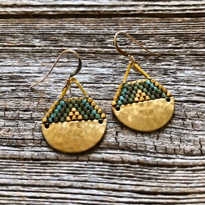 Beaded Brass Triangle Teardrops Olives, Turquoise & Gold Handwoven Beaded Seed Bead Earrings image 2