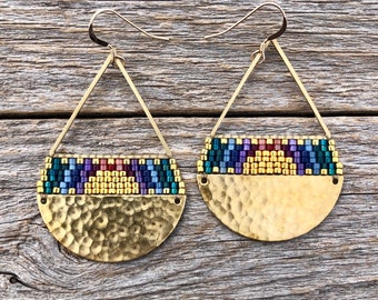 Beaded Brass Triangle Teardrops - Jewel Tones Sunset (large) Handwoven Beaded Seed Bead Earrings