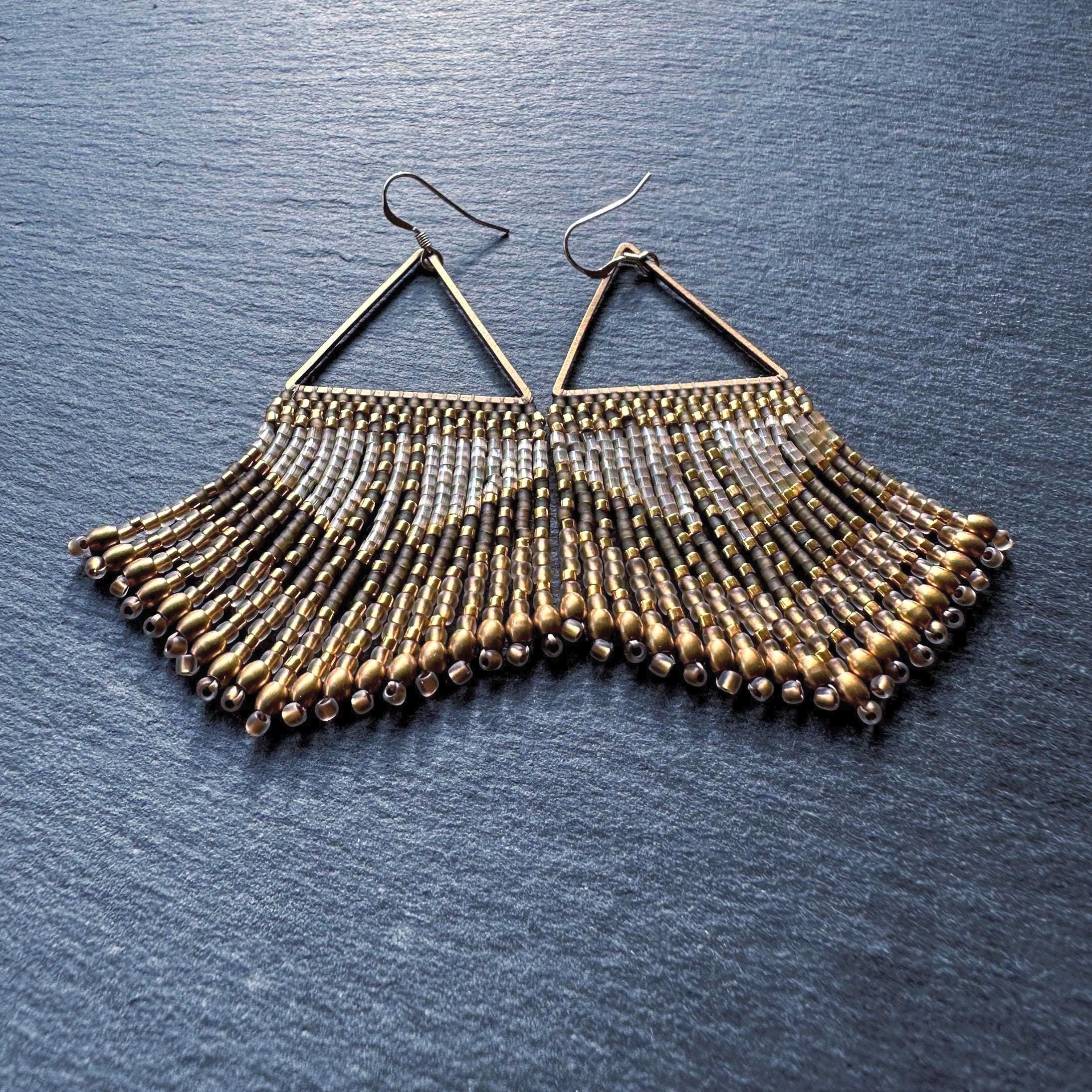 Seed Bead Triangle Fringe Earrings: Smoky Quartz Glass Beadwork, Brass Gold Beads