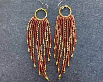 Handwoven Seed Bead Fringe Earrings: Long Length Terracotta Topaz, Glass Beads Jewelry