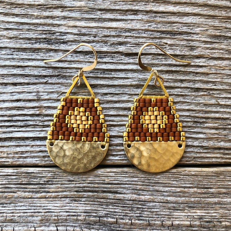 Beaded Brass Sun Triangle Teardrops Matte Terracotta with Gold Sun Handwoven Beaded Seed Bead Earrings image 2