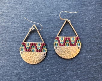 Handwoven Teardrop Earrings: Miyuki Seed Beads, Brass Triangle