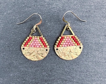 Beaded Brass Triangle Teardrop Earrings: Miyuki Glass Seed Beads, Matte White Quartz, Small Size