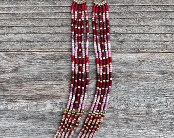 Beaded Hoop Fringe Tassels Earrings, Gold Red Pink Colors, Handwoven Seed Bead Jewelry, Made By Hand, Gifts For Her, Long Shoulder Dusters