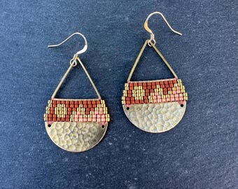 Beaded Brass Triangle Teardrop Earrings: Terracotta Gold Landscape, Medium Size