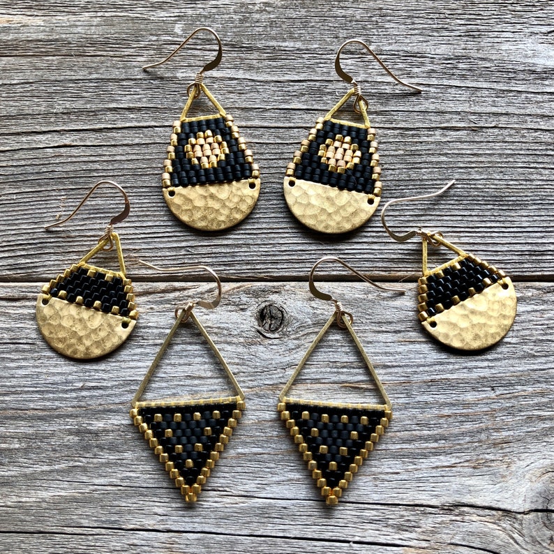 Beaded Triangle Drops Gold & Black Handwoven Beaded Seed Bead Earrings image 5