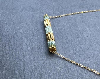 Handwoven Seed Bead Necklace: Matte Aqua Green, 24k Gold Plated, 14k Gold Filled Chain