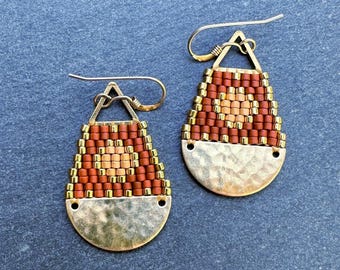 Handwoven Seed Bead Earrings: Terracotta Gold Sun Teardrops