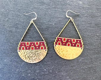 Handwoven Triangle Earrings: Red Maroon Glass Seed Beads, Gold Brass