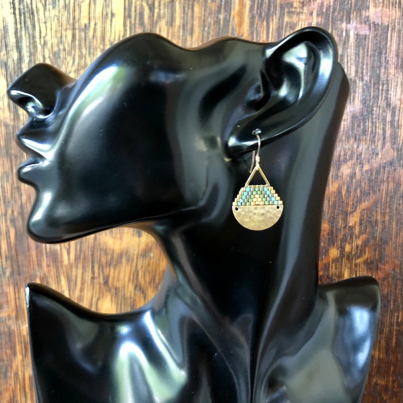 Beaded Brass Triangle Teardrops Olives, Turquoise & Gold Handwoven Beaded Seed Bead Earrings image 9