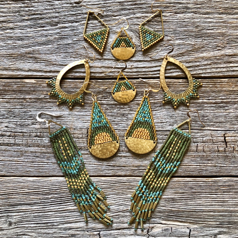 Beaded Brass Triangle Teardrops Olives, Turquoise & Gold Handwoven Beaded Seed Bead Earrings image 7