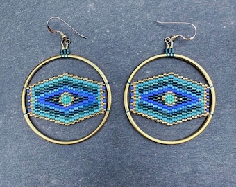 Handwoven Seed Bead Hoop Earrings: Blue Green Miyuki Beads, 24k Gold Plated
