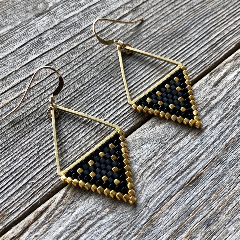 Beaded Triangle Drops Gold & Black Handwoven Beaded Seed Bead Earrings image 4