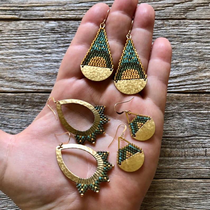 Beaded Brass Triangle Teardrops Olives, Turquoise & Gold Handwoven Beaded Seed Bead Earrings image 6