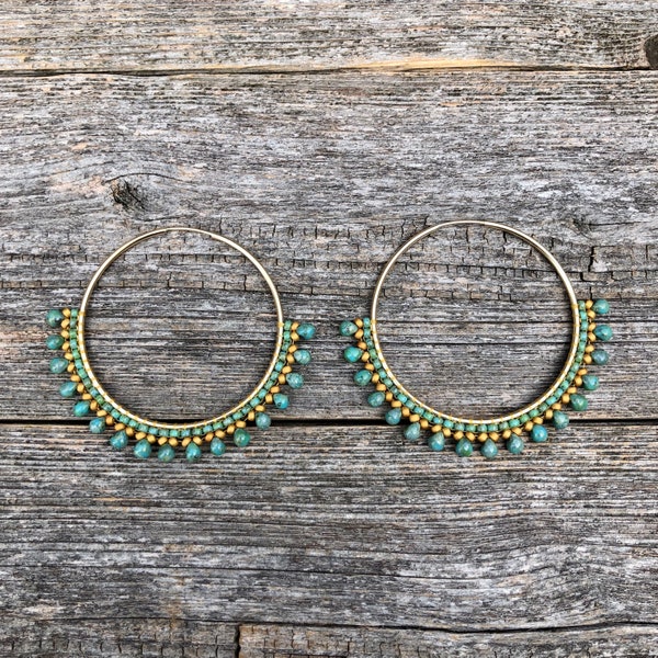 Beaded Tassel Hoop Earrings - 14K Gold Filled Hoops - Turquoise & Gold - (LG) - Handwoven Seed Bead Beadwork Hoops