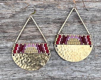 Beaded Brass Triangle Teardrops - Red & Pink Sunset (large) Handwoven Beaded Seed Bead Earrings