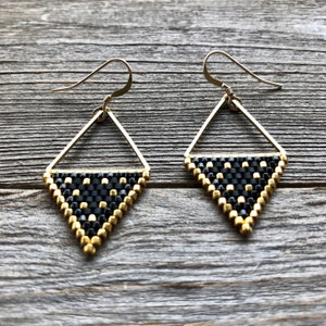 Beaded Triangle Drops Gold & Black Handwoven Beaded Seed Bead Earrings image 2