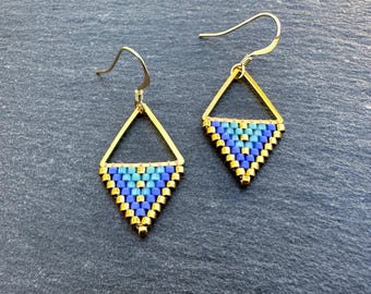 Beaded Triangle Drops, Handwoven Seed Bead Earrings, Matte Blue Gold, 14K Gold Filled