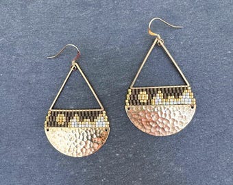 Beaded Brass Triangle Teardrop Earrings: Handwoven Glass Seed Beads, Smokey Quartz Gold Landscape, Large Size