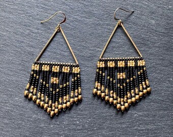 Seed Bead Triangle Fringe Earrings: Matte Black Glass Beadwork, Brass Gold Beads