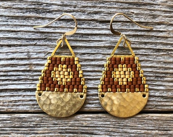 Beaded Brass Sun Triangle Teardrops - Matte Terracotta with Gold Sun - Handwoven Beaded Seed Bead Earrings