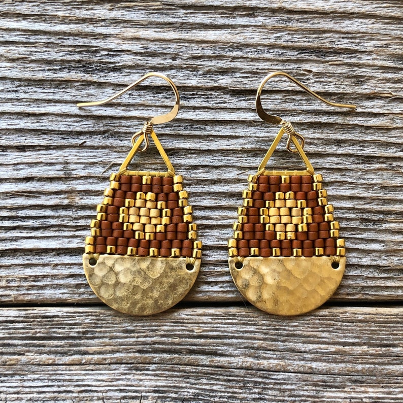 Beaded Brass Sun Triangle Teardrops Matte Terracotta with Gold Sun Handwoven Beaded Seed Bead Earrings image 1