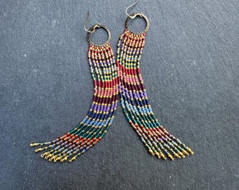 Handwoven Seed Bead Fringe Earrings: Antique Brass Hoops, Jewel Tone Colors, 24K Gold Beads