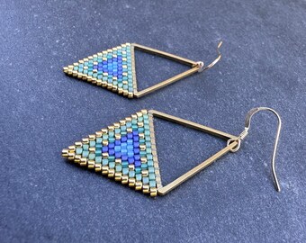 Beaded Triangle Drop Earrings: Matte Blue Green Gold, 14K Gold Filled Ear Wires