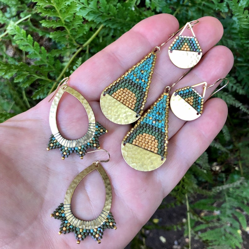 Beaded Brass Triangle Teardrops Olives, Turquoise & Gold Handwoven Beaded Seed Bead Earrings image 8