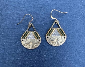 Beaded Brass Triangle Teardrop Earrings: Miyuki Glass Seed Beads, Matte Olive Khaki, Small Size
