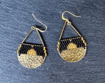 Beaded Brass Triangle Teardrop Earrings: Miyuki Glass Seed Beads, Matte Black Gold, Medium Size