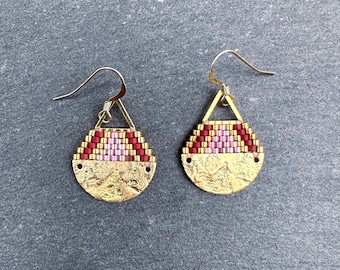 Beaded Brass Triangle Teardrop Earrings: Miyuki Glass Seed Beads, Matte Wine Lilac, Small Size