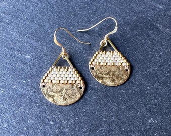 Beaded Brass Triangle Teardrop Earrings: Miyuki Glass Seed Beads, Matte White Quartz, Small Size