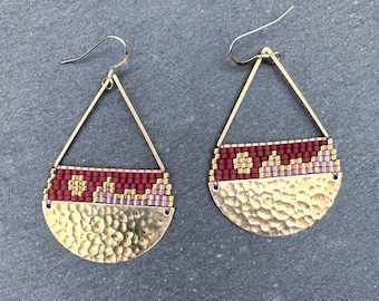 Beaded Brass Triangle Teardrop Earrings: Handwoven Glass Seed Beads, Burgundy Gold Landscape, Large Size