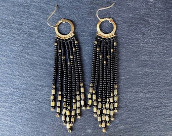Seed Bead Fringe Hoop Earrings: Handwoven Black Glass Gold Brass Beads