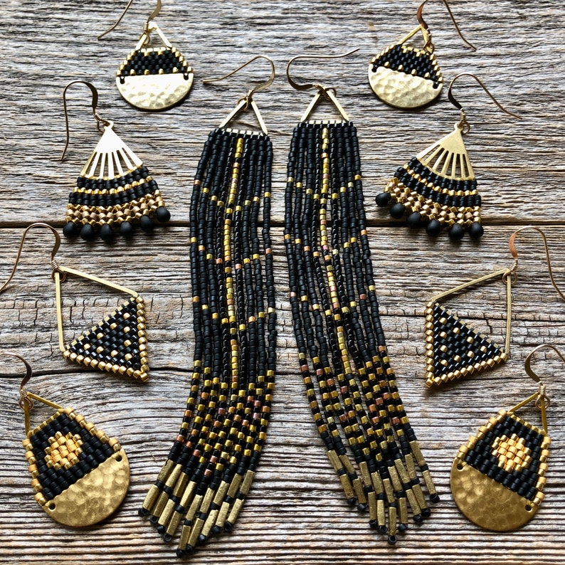 Beaded Triangle Drops Gold & Black Handwoven Beaded Seed Bead Earrings image 7