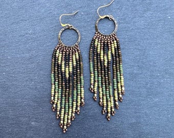 Seed Bead Fringe Hoop Earrings: Handwoven Glass Beads, Bronze Olive Colors, Antique Plated Brass