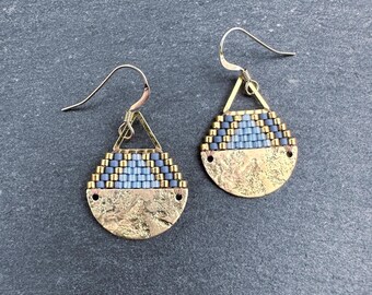Beaded Brass Triangle Teardrop Earrings: Miyuki Glass Seed Beads, Matte Blue Sky, Small Size
