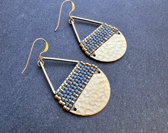 Beaded Brass Triangle Teardrop Earrings: Miyuki Glass Seed Beads, Rustic Gray Gold, Medium Size
