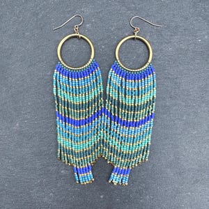 Fringe Seed Bead Hoop Earrings, Blue Green Turquoise Gold Glass Beaded Jewelry, Handwoven Shoulder Dusters, Long Hoop Wearable Art Earrings