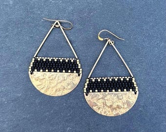 Beaded Brass Triangle Teardrop Earrings: Miyuki Glass Seed Beads, Matte Black Gold, Large Size