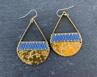 Beaded Brass Triangle Teardrop Earrings: Miyuki Glass Seed Beads, Matte Blue Gold, Large Size