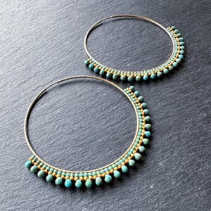 Extra Large Beaded Hoop Earrings, 14K Gold Filled Hoops, Handwoven Seed Bead Beadwork, Turquoise Glass Beads, Slow Art Boho Gift, USA Made