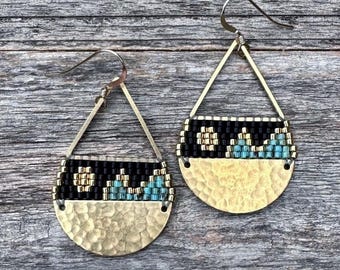 Beaded Brass Triangle Teardrop Earrings: Miyuki Glass Seed Beads, Black Turquoise Landscape, Medium Size