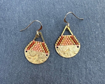 Beaded Brass Triangle Teardrop Earrings: Miyuki Glass Seed Beads, Matte Terracotta Topaz, Small Size