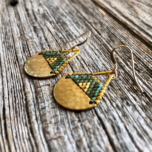 Beaded Brass Triangle Teardrops Olives, Turquoise & Gold Handwoven Beaded Seed Bead Earrings image 3