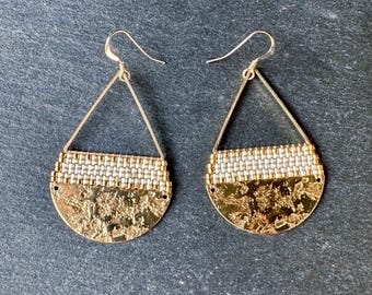 Beaded Brass Triangle Teardrop Earrings: Miyuki Glass Seed Beads, Matte White Quartz, Large Size