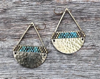 Beaded Brass Triangle Teardrops in Turquoise & Dark Olive - (MED) - Handwoven Seed Bead Earrings