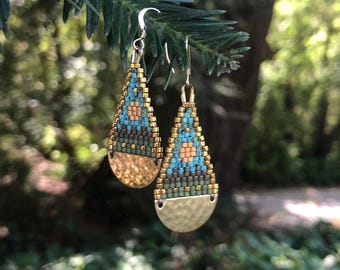 Handgewebte Teardrop Samenperlen Ohrringe: 14KT Gold Filled, Goldmond, Türkis Olive Glasperlen