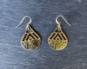Beaded Brass Triangle Teardrop Earrings: Miyuki Glass Seed Beads, Matte Black Stripes, Small Size
